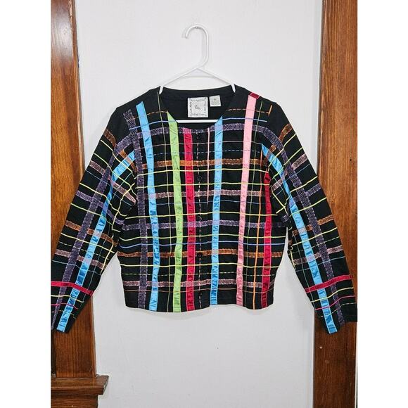 VTG 90s Michael Simon Lite Womens Cardigan Ribbon Plaid Sz Medium 100% Cotton - Picture 12 of 12